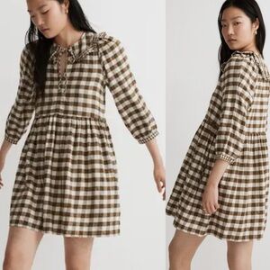 Madewell Gingham Collared Puff-Sleeve Mini Dress Cottage Core Greenish Brown XS